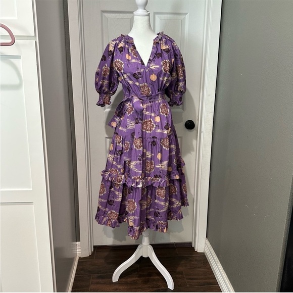 NWOT Ulla Johnson Dasha Popelin Ruffle Tier Purple Zinnia Floral Midi Dress - Picture 4 of 16
